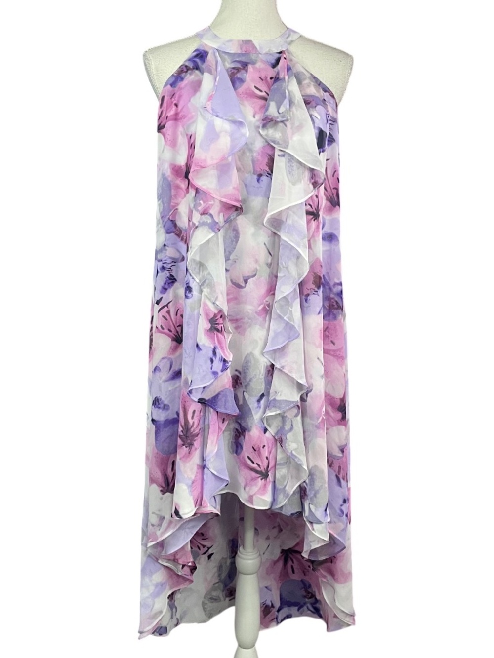 Watercolor Ruffle Halter Dress Petite S Floral High Low Lavender Purple Abstract